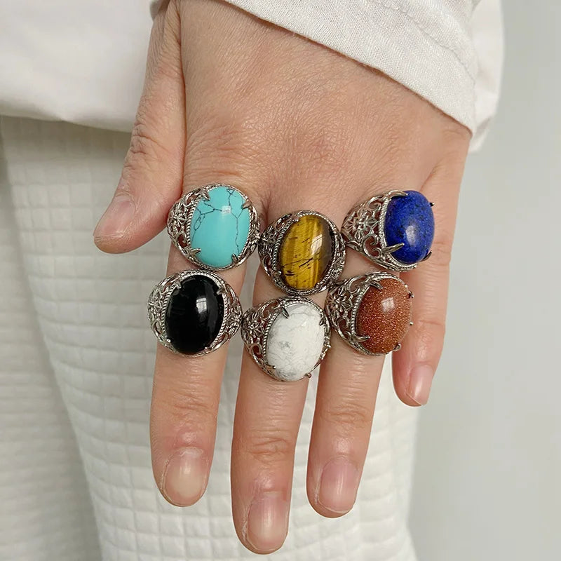 Trendy Silver Agates Ring Adjustable Howlites Finger for Women Men by Femlion