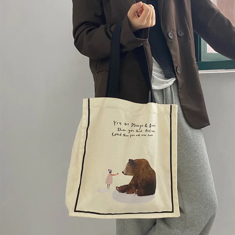 Femlion Girl and Bear Print Canvas Shoulder Bag: Cute Eco-Friendly Tote for College Students