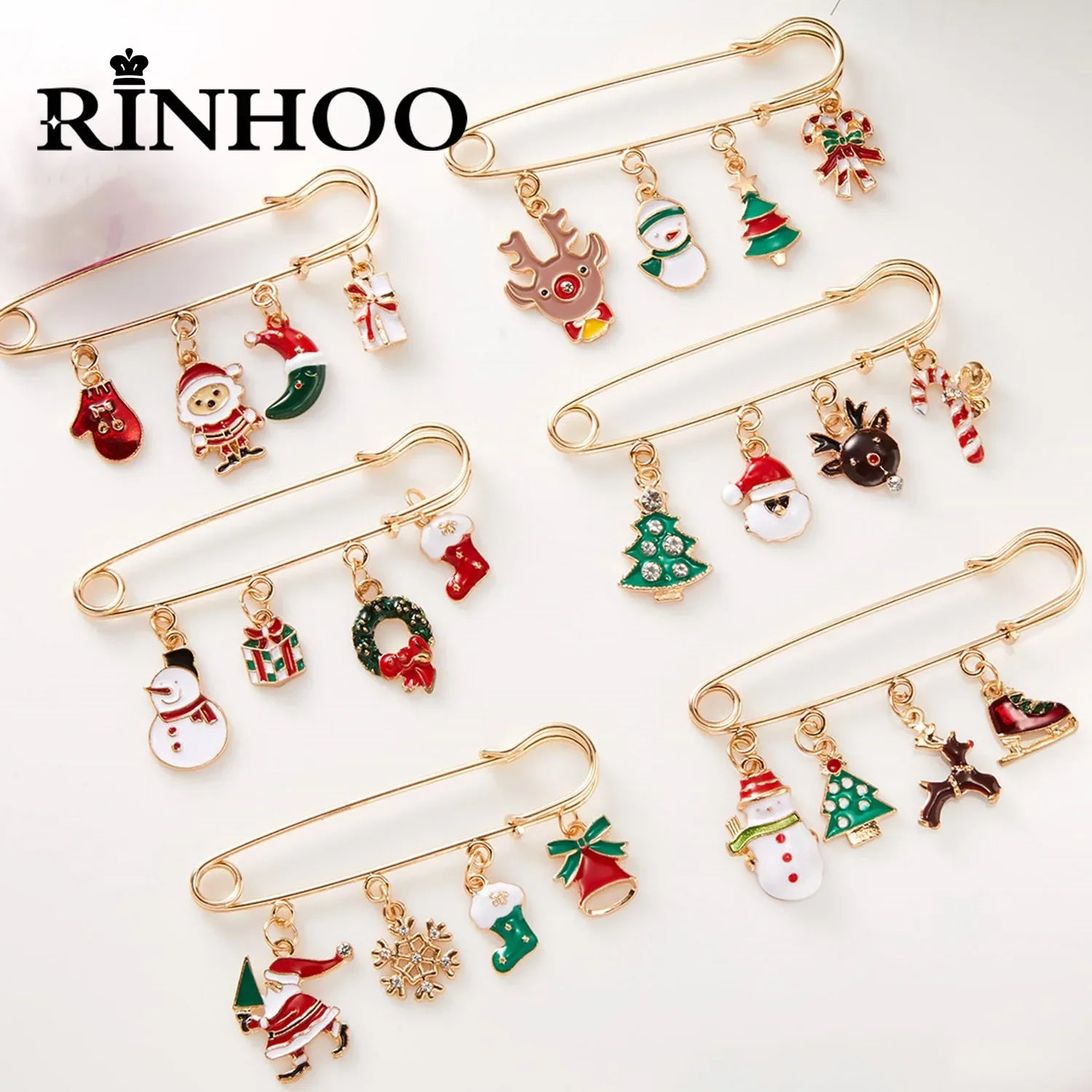 Femlion Christmas Brooch Set: Tree, Santa, Glove, Snowman, Deer, Snowflake Party Jewelry