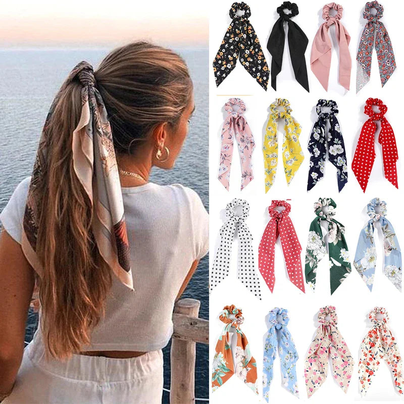 Femlion Flower Print Bow Satin Ponytail Scarf Hair Tie Scrunchies