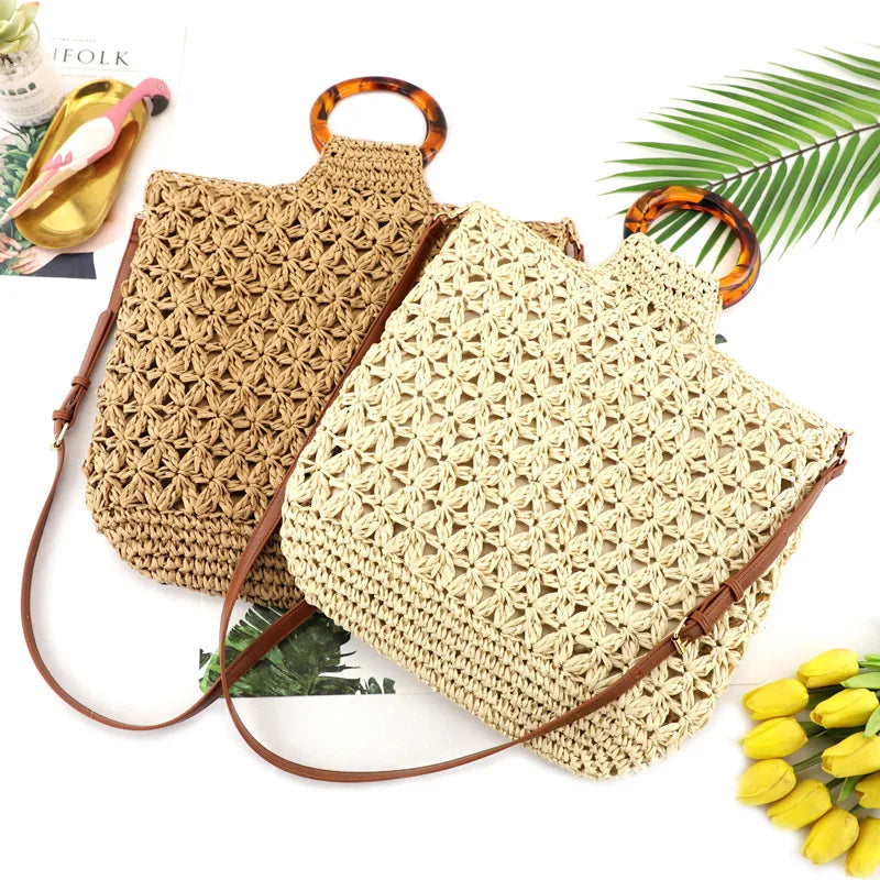 Femlion Straw Woven Shoulder Bag | Handheld Beach Tote for Women