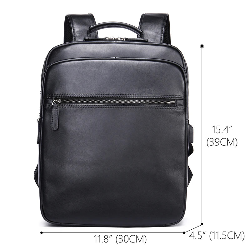 Femlion Black Leather Laptop Backpack for Men - High Capacity 14-inch Genuine Cowskin Daypack