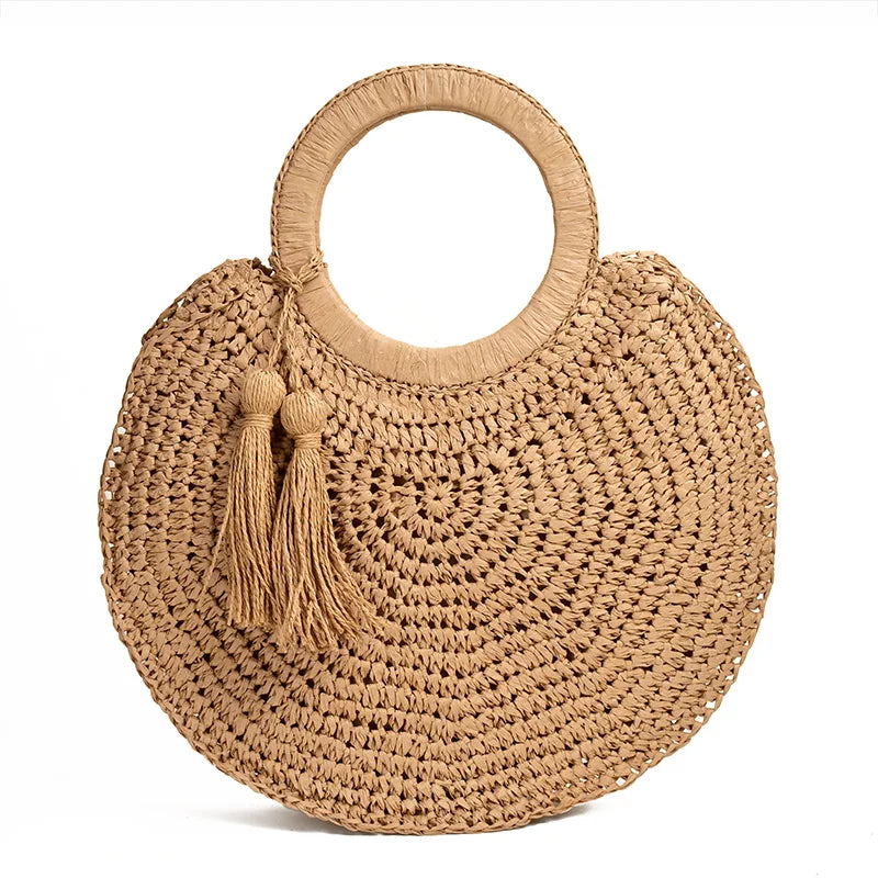 Femlion Round Fringed Straw Bag with Tassel - Casual Beach Tote