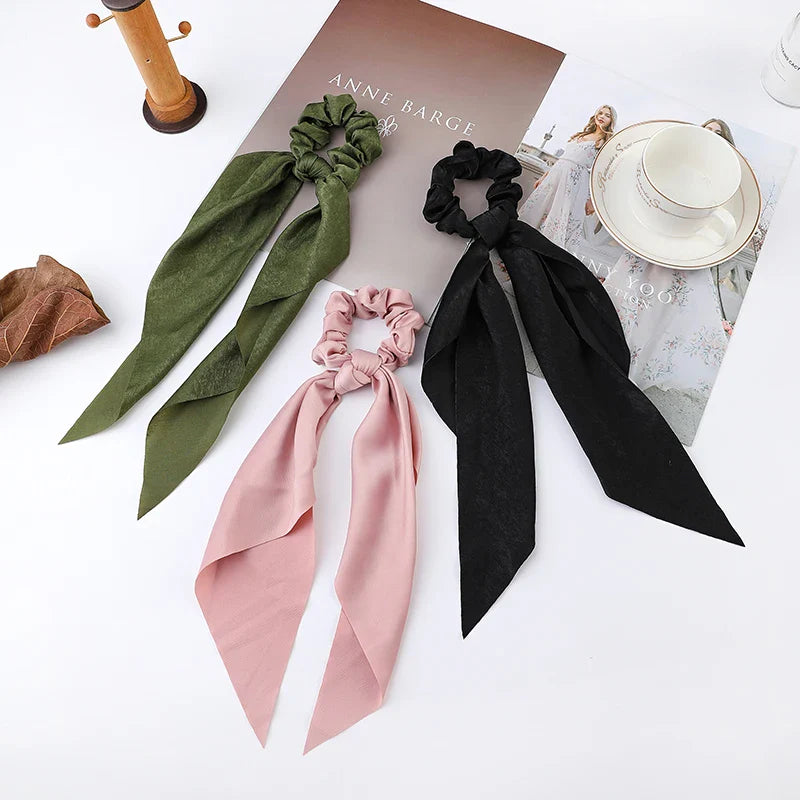 Femlion Flower Print Bow Satin Ponytail Scarf Hair Tie Scrunchies