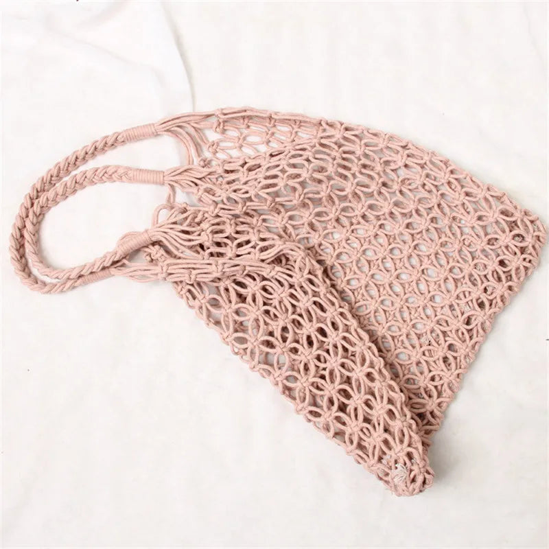 Femlion Reticulate Straw Shoulder Bag - Trendy Woven Mesh Rope Weaving Handbag