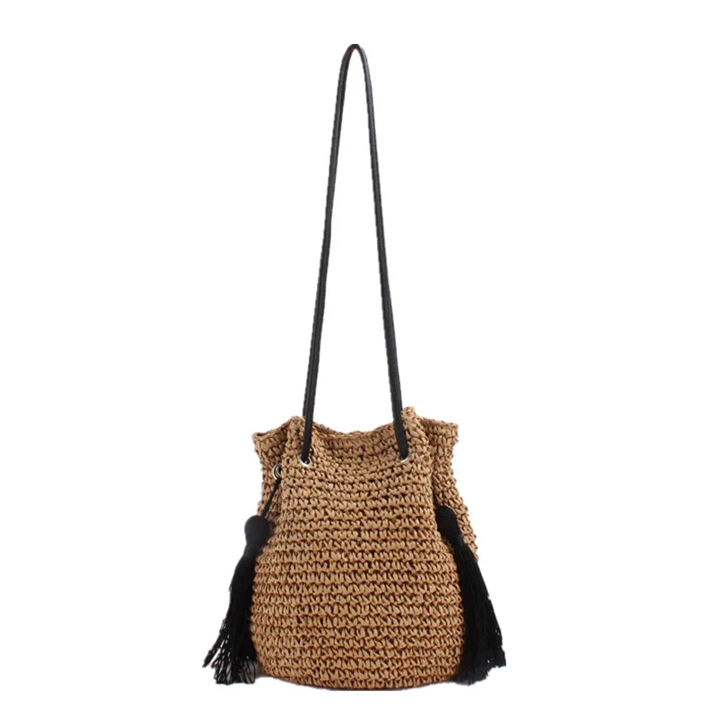 Femlion Woven Straw Beach Bucket Bag Shoulder Leisure Tassel Female Bag