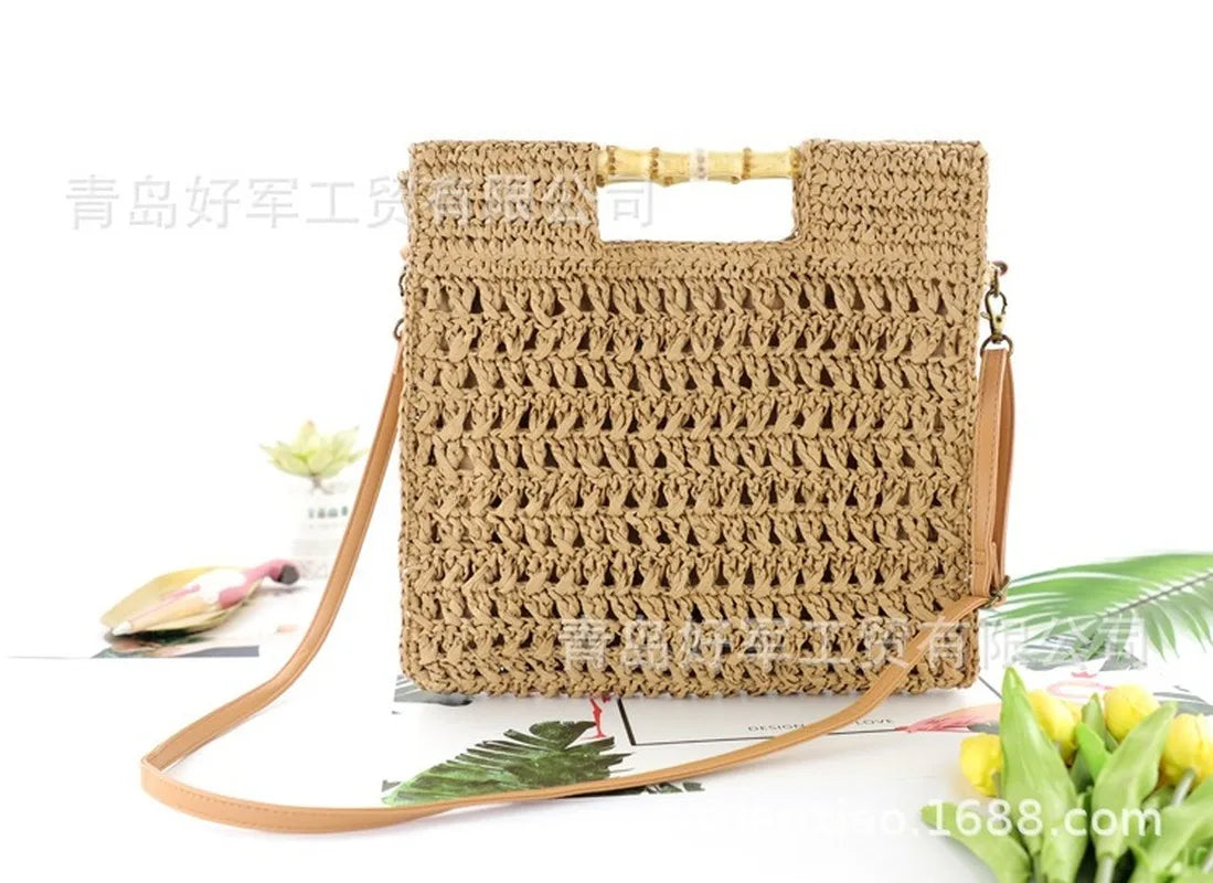 Femlion Bamboo Handle Handwoven Women's Tote Bag Vintage Shoulder Messenger Bag