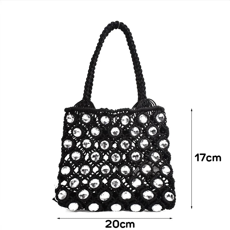 Femlion Woven Diamond Mini Bucket Bag with Rhinestones – Chic Wedding Purse