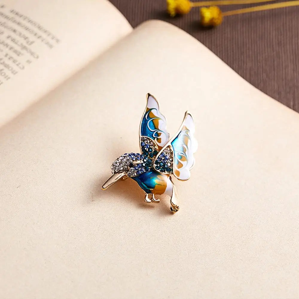 Femlion Enamel Hummingbird Brooches: Cute Animal Fashion Pins with Rhinestone Accents