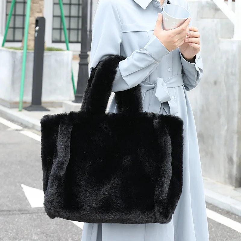 Femlion Faux Fur Luxury Tote Bag Soft Plush Handbag Winter Fashion 2022