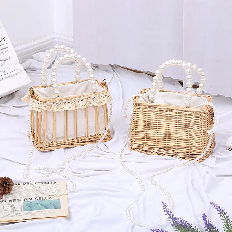 Femlion Handmade Rattan Top Handle Beach Bag Holiday Bridesmaid Gift Wedding Tote