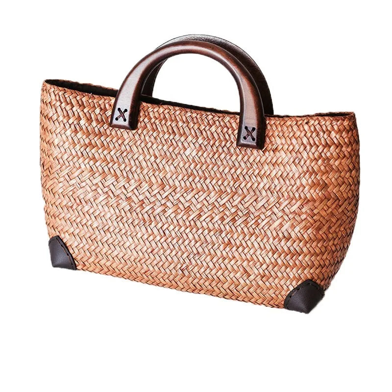 Femlion Retro Rattan Straw Woven Beach Bag - Handmade Simple Art Weaving Bag