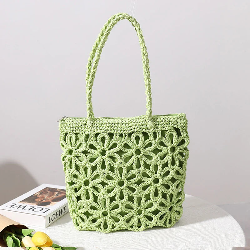 Femlion Hollow Flower Woven Straw Bag for Beach & Vacay