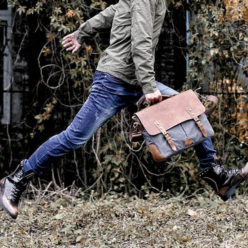 Femlion Canvas & Leather Messenger Bag: Retro Handmade Briefcase for Men