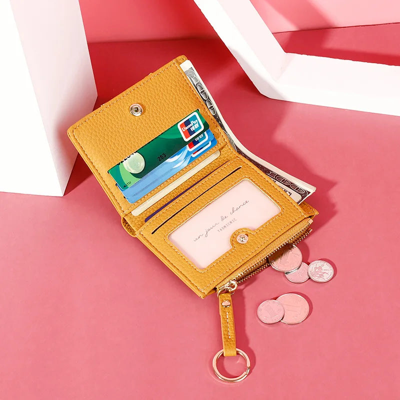 Femlion Mini Wallet: Soft PU Leather Card Holder Coin Purse with Zipper Keychain