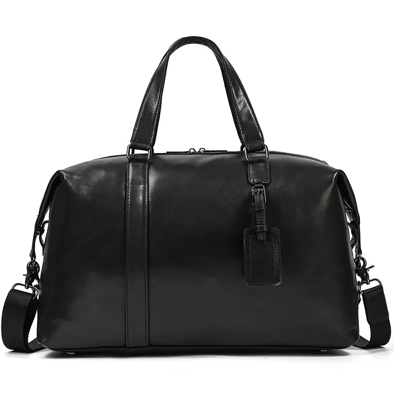 Femlion Cowhide Leather Duffle Bag for Travel and Business, Latest Black Design