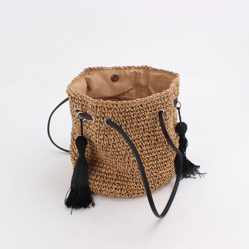 Femlion Woven Straw Beach Bucket Bag Shoulder Leisure Tassel Female Bag