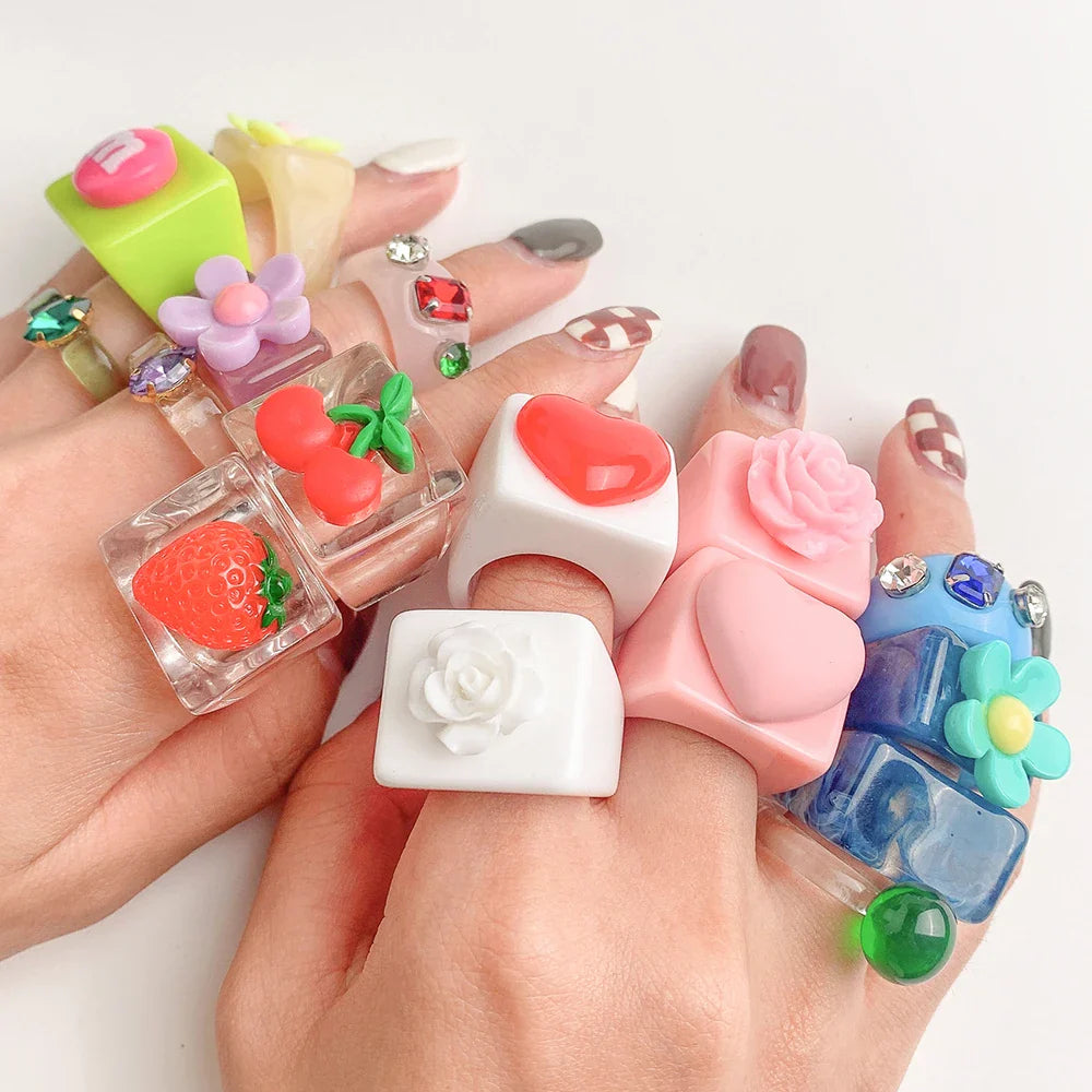 Femlion Multicolor Chunky Resin Acrylic Rings for Women - Trendy Geometric Party Jewelry