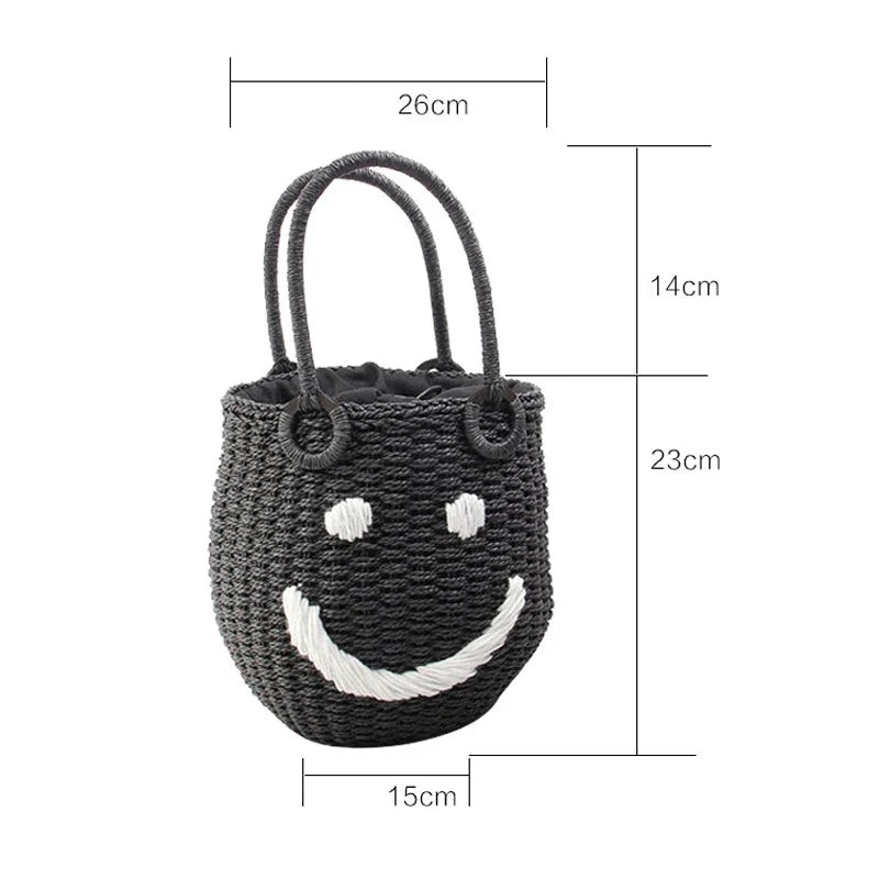 Femlion Smiley Woven Beach Bag Bucket Handbag Pouch