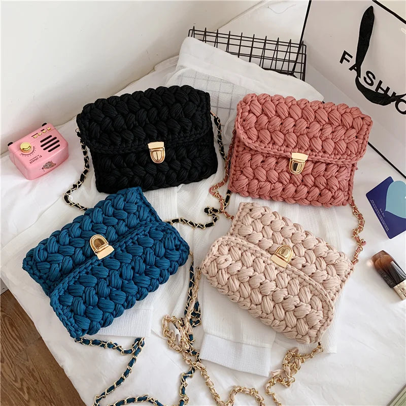 Femlion Woven Crossbody Bag: Colorful Strip Knitted Shoulder Bag for Women