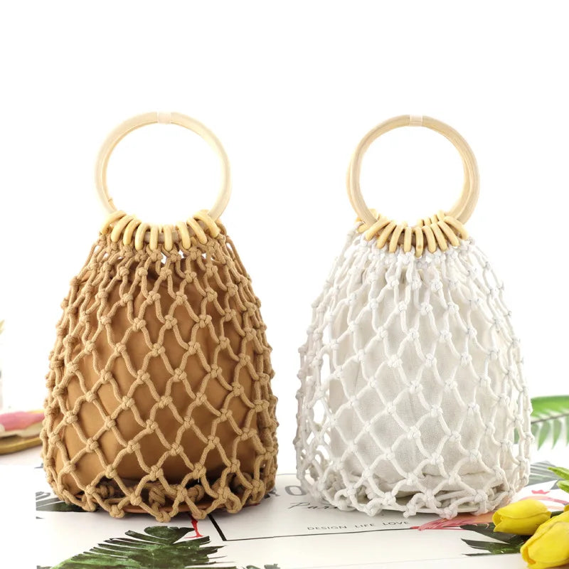 Femlion Cotton Net Drawstring Handbag: Small Fresh Straw Beach Bag