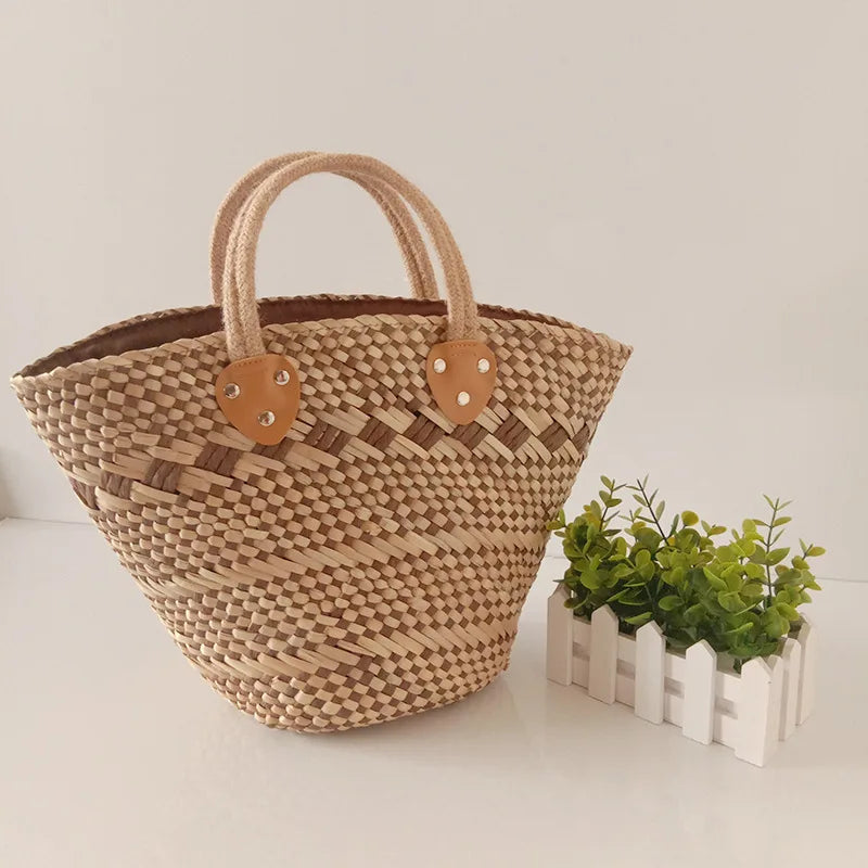 Femlion Handmade Water Grass Straw Bag Retro Basket Straw Basket Shopping Bag