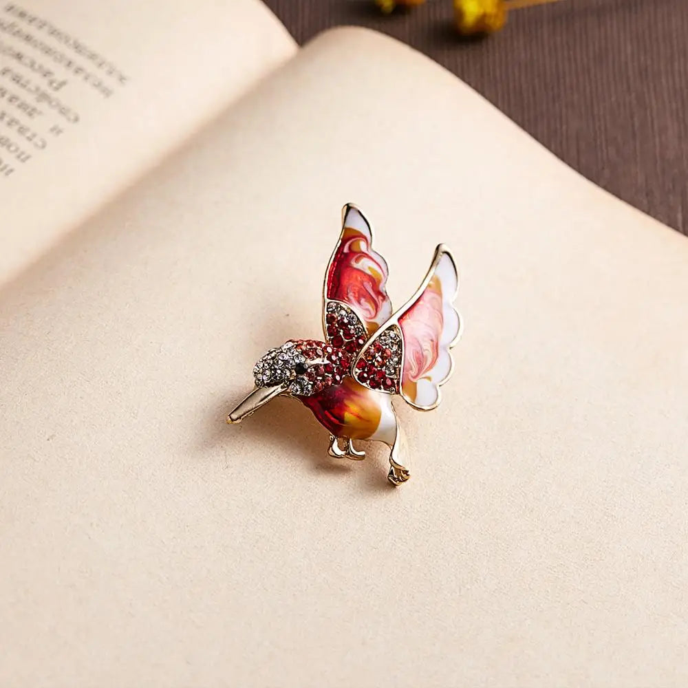 Femlion Colorful Crystal Humming Bird Brooch: Enamel Animal Pin for Women, Wedding Party Jewelry.