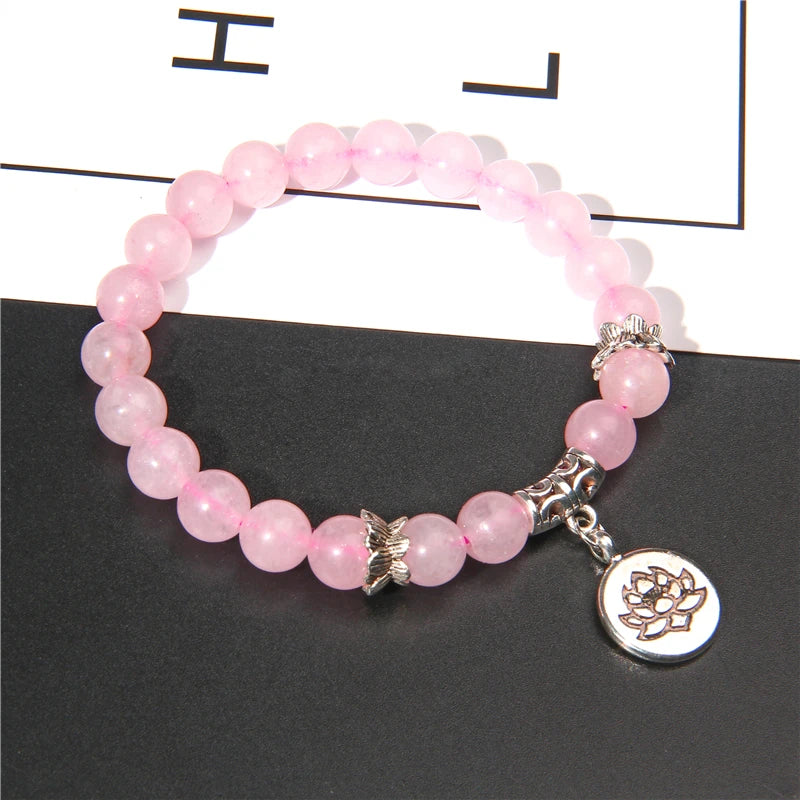 Pink Zebra Stone Buddha Prayer Bracelet with Lotus Charm by Femlion