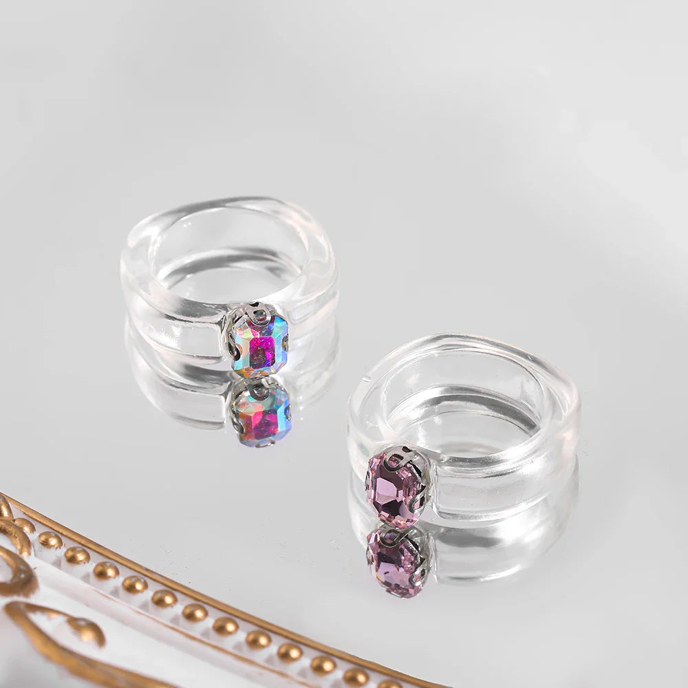 Femlion Boho Rhinestone Resin Rings Set - Stylish Korean Fashion Jewelry