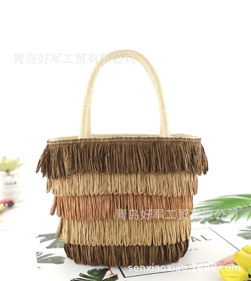 Femlion Tassel Paper Rope Straw Bag Portable Woven Beach Bag Casual Women's Handbag