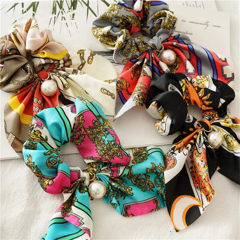 Femlion Bowknot Hair Bands: Stylish Hair Scrunchies with Scarf Print for Women and Girls