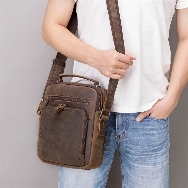 Femlion Vintage Leather Crossbody Bag for Men - Daily Messenger Bag with Crazy Horse Skin