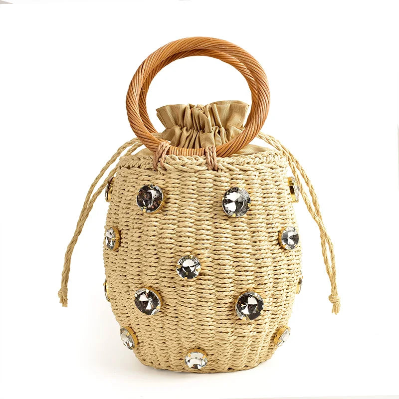 Femlion Rhinestone Crystal Straw Bucket Bag - Small Travel Purse