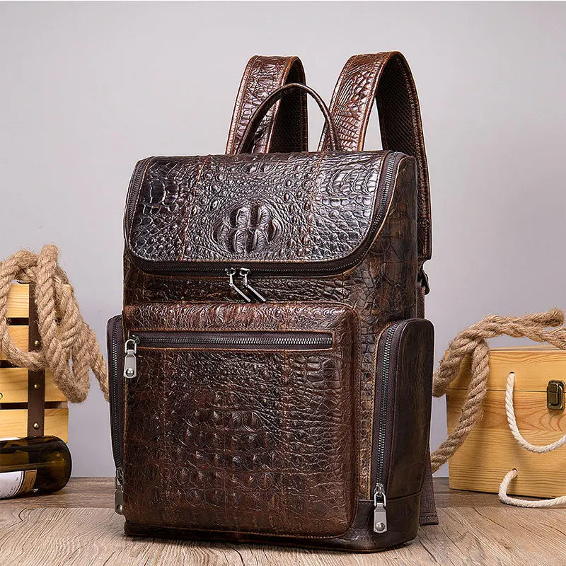 Femlion Crocodile Leather Men's Backpack - Stylish Cowhide Travel Bag