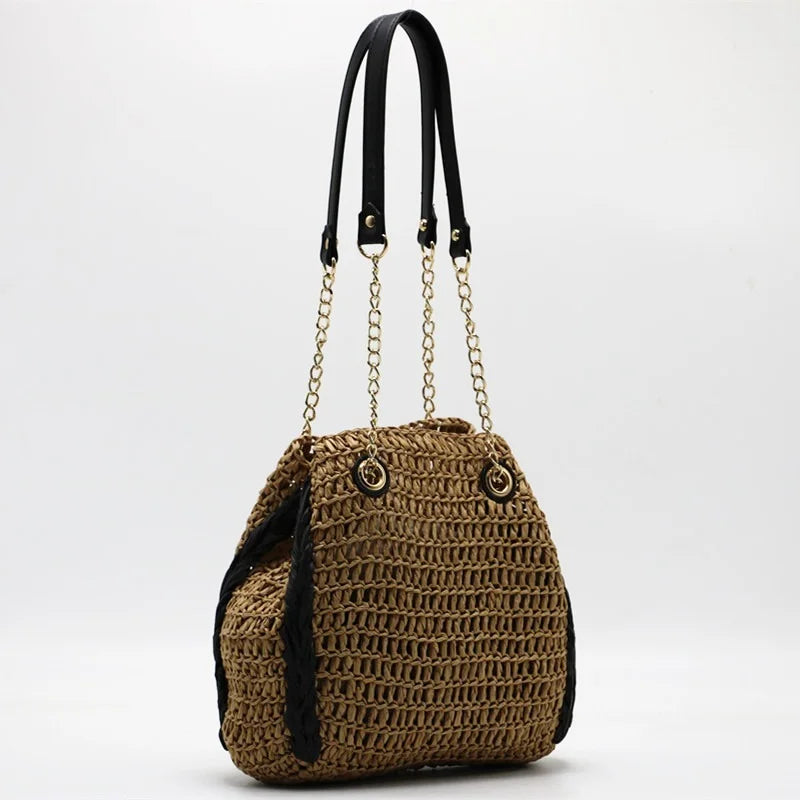 Femlion Beige Straw Woven Bucket Bag Crocheted Female Big Bag