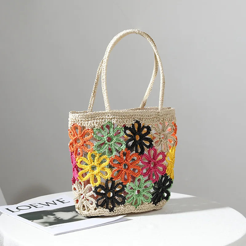 Femlion Hollow Flowers Straw Hand-Woven Beach Bag.