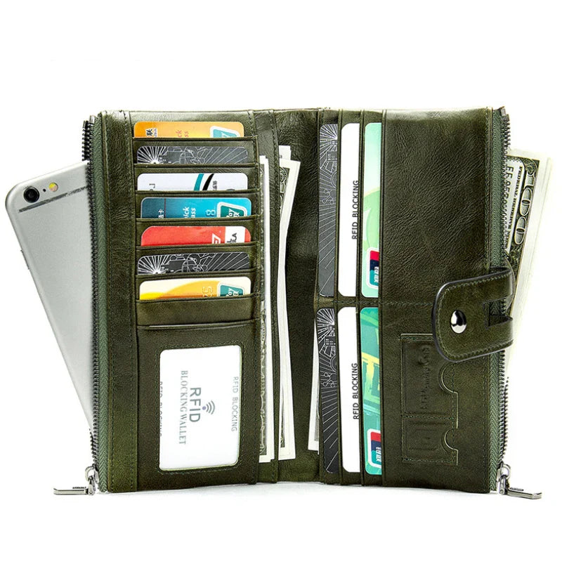 Femlion Fashion Leather Wallet Bifold Zipper Purse Green Red for Woman, Travel Cash Cellphone