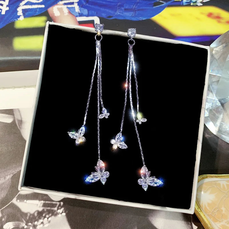 Femlion Butterfly Crystal Drop Tassel Earrings for Women