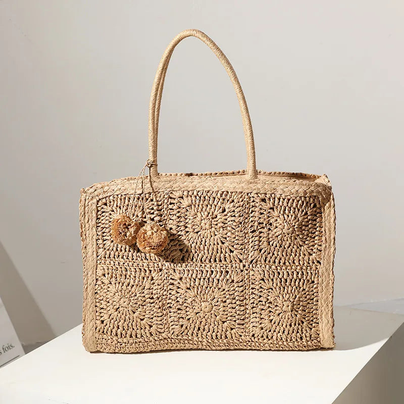 Femlion Hollow Straw Woven Bag with Hair Ball - Large Capacity Fashionable Handbag