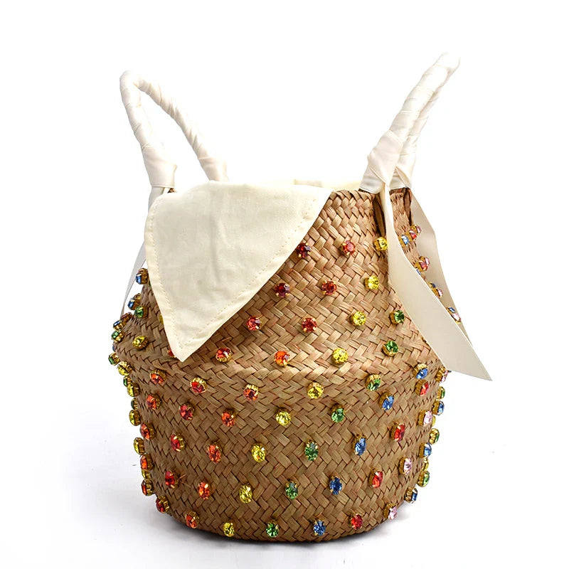 Femlion Colored Diamond Straw Bag with Rhinestone Embellishments