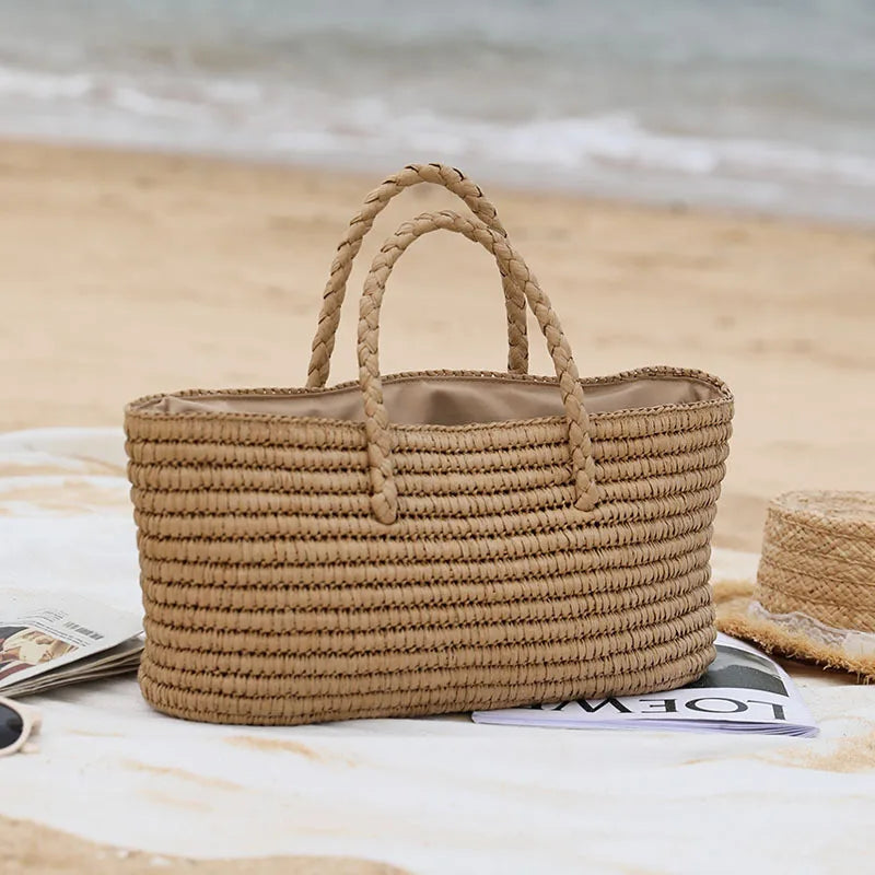 Femlion Handmade Straw Woven Beach Bag Large Capacity Female Bag Vegetable Basket