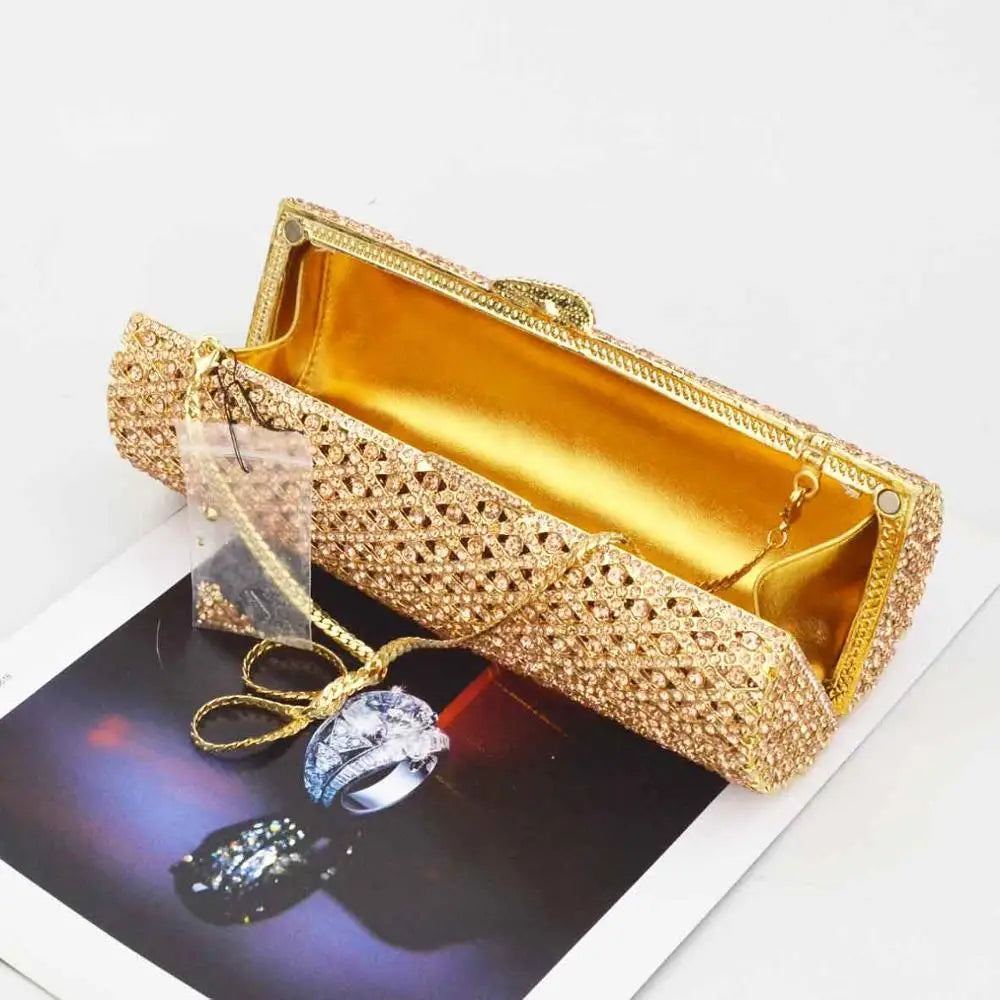 Femlion Crystal Cylinder Clutch Bag - Rose Gold and Silver Luxury Handbag