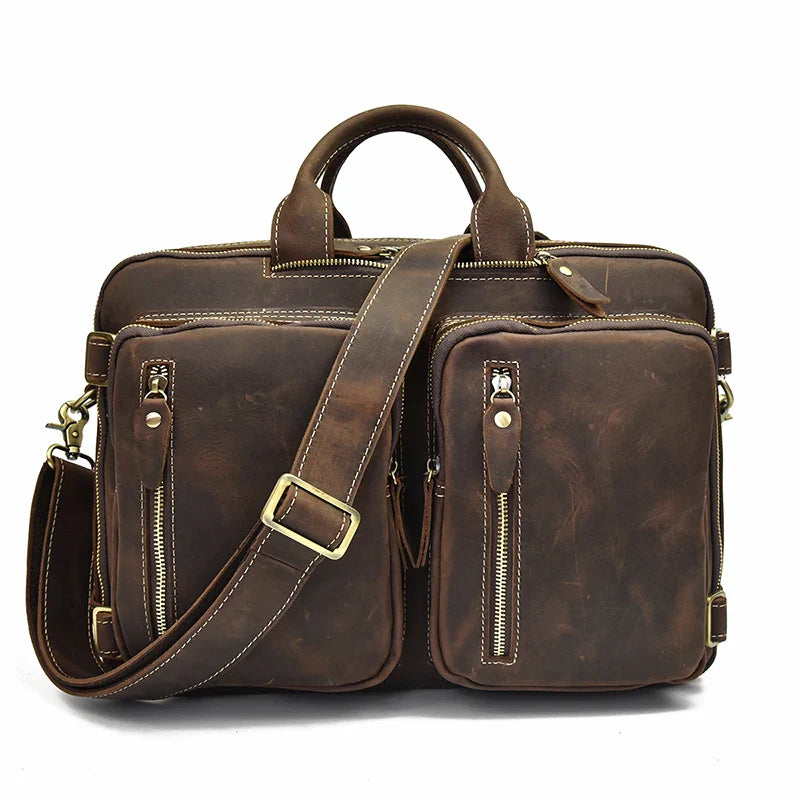 Femlion Leather Backpack: Double Zip Cowhide Briefcase, Travel, Office, Shoulder Bag