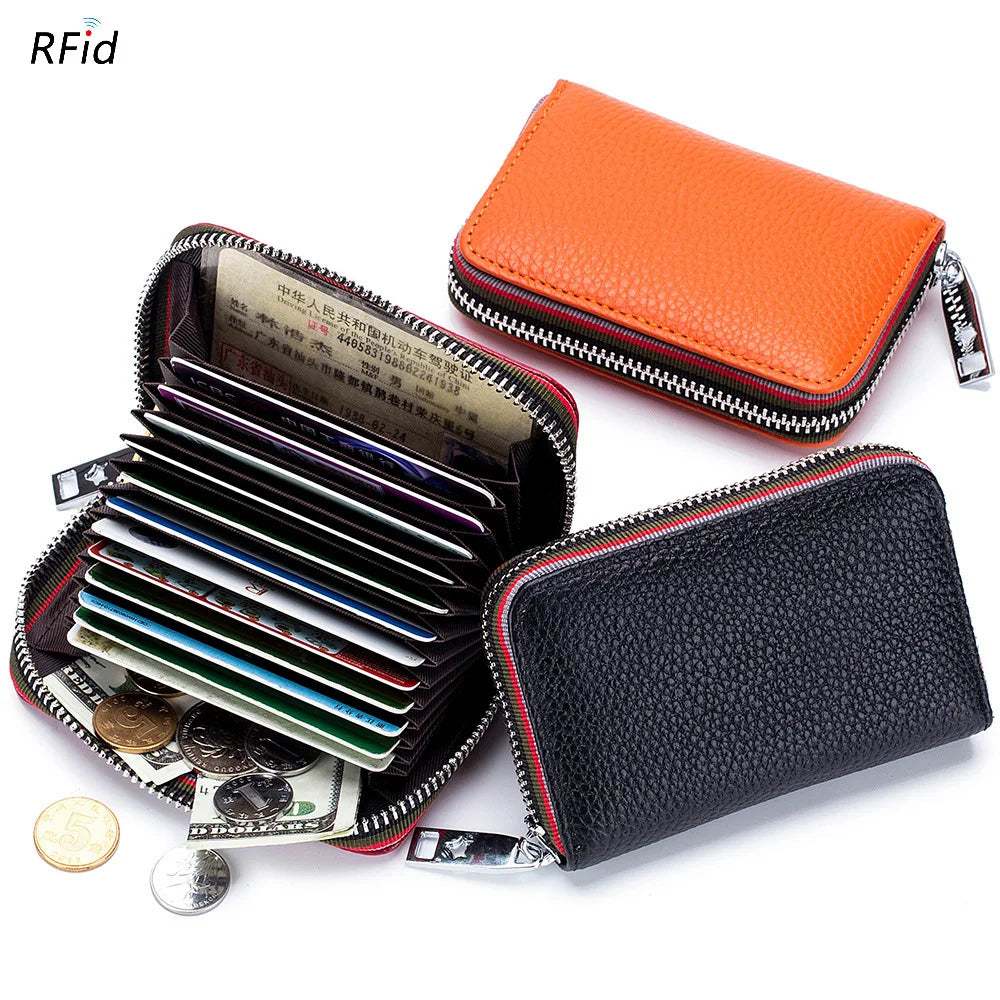 Femlion Genuine Leather Card Holder Wallet RFID Coin Purse Accordion Design