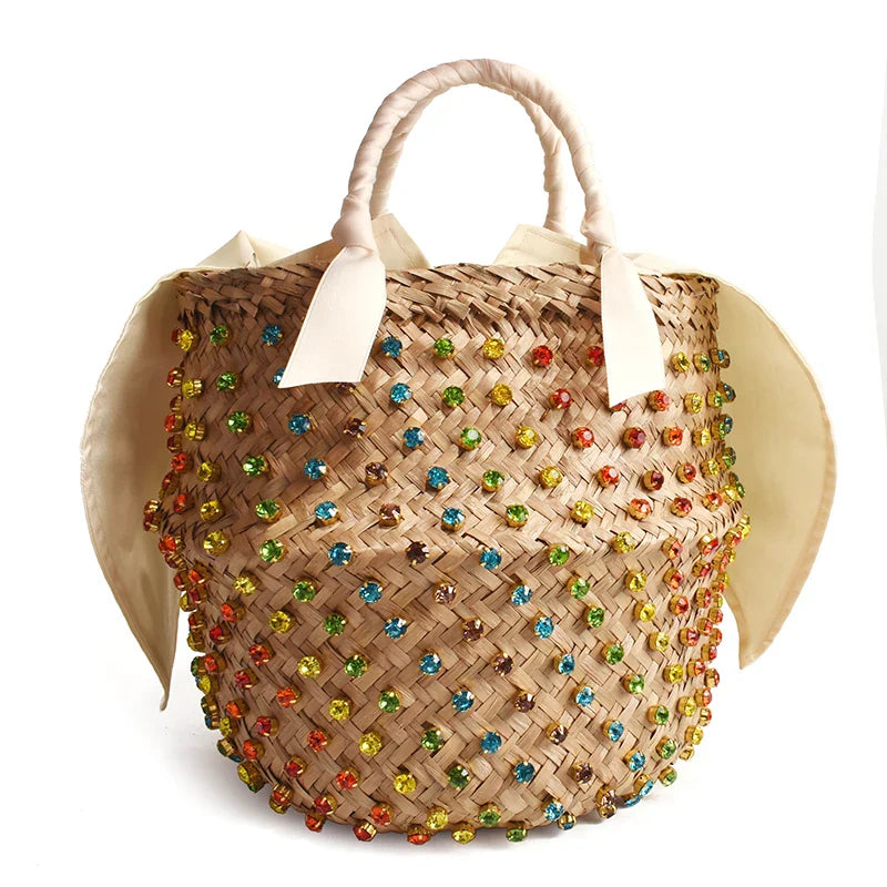 Femlion Pearl Ladies Woven Diamond Bucket Bag