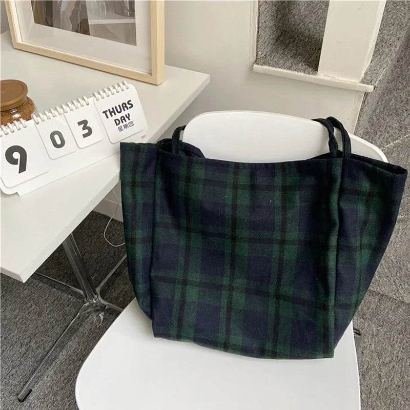 Femlion Checked Pattern Woolen Canvas Shoulder Bag