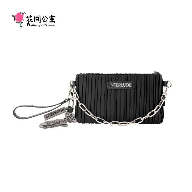 Femlion 2024 Spring Fashion Chain Shoulder Bag Black Pleated Crossbody Clutch