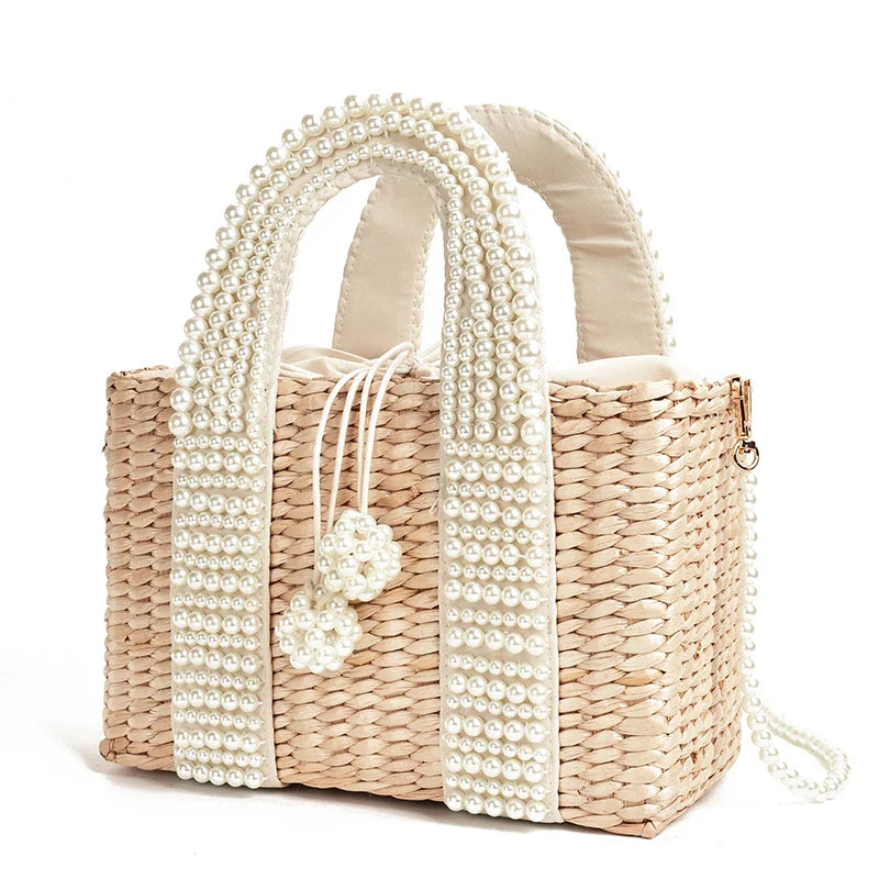 Femlion Pearl Straw Basket Handbag: Women's Tote Crossbody Messenger Bag