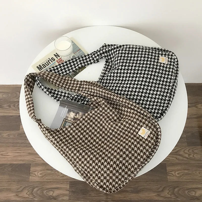 Femlion Houndstooth Pattern Canvas Shoulder Bag