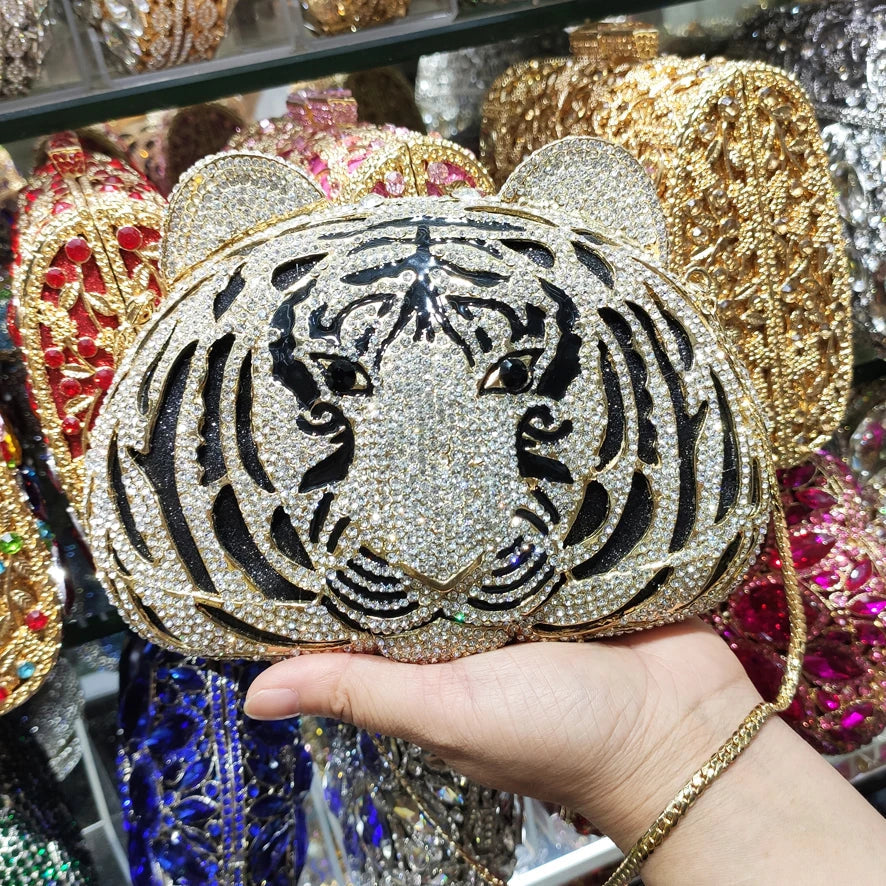 Femlion Crystal Tiger Design Clutch Purse for Prom and Wedding Events